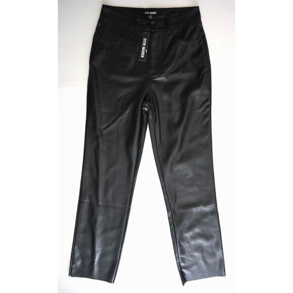 Steve Madden Women Sz 27 Black PU Leather Loren Mid-Rise Straight Leg Pants - Picture 1 of 11
